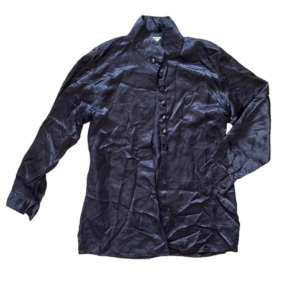 Vintage Savannah navy blue 1/4 button down mock neck cuff long sleeve blouse - Picture 1 of 7